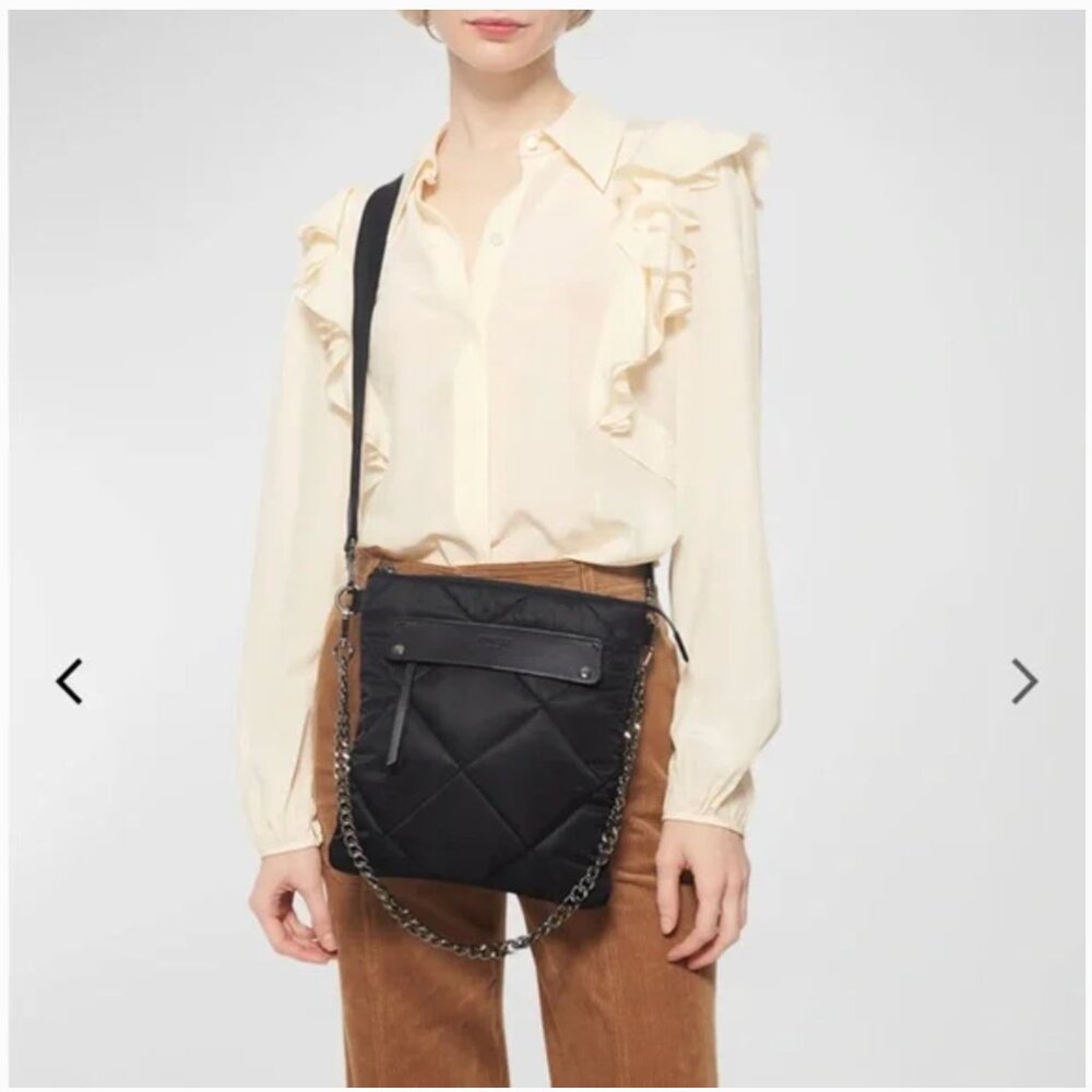 MZ Wallace Madison Flat Crossbody Bag | Black Quilted Nylon | Detachable Straps